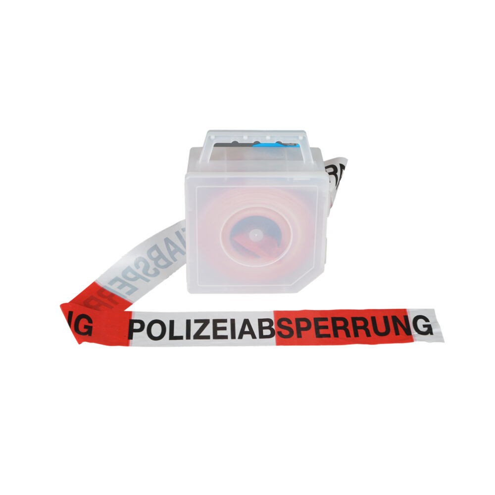 absperrband polizeiabsperrung rot-weiß mit Abrollbox
